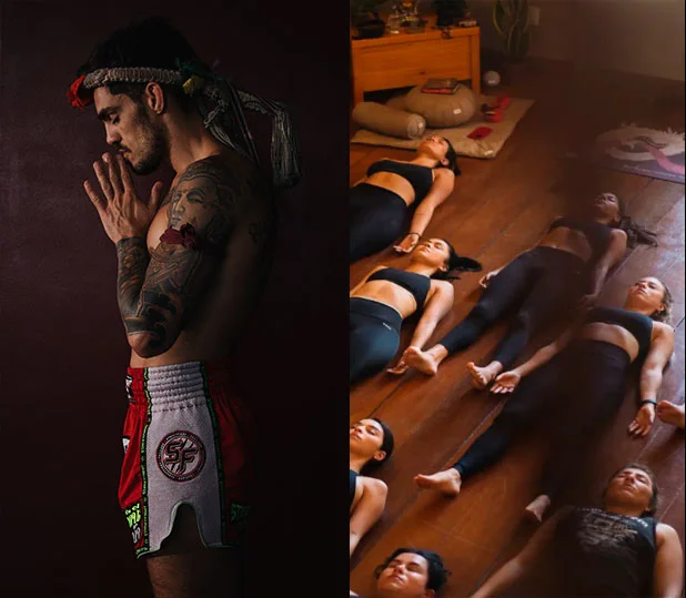 Imagem dividia ao meio com a direita contendo uma cena da ala de yoga, enquanto a esquerda possui uma cena de aula de muaythai